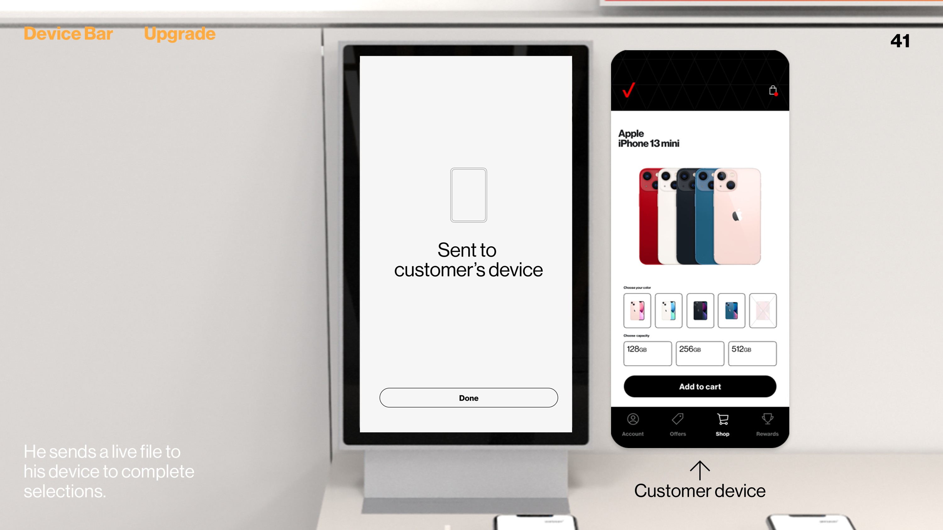 A digital retail interaction design where a live file is sent to the customer's device to complete product selections, illustrated through a kiosk interface and customer device display.
