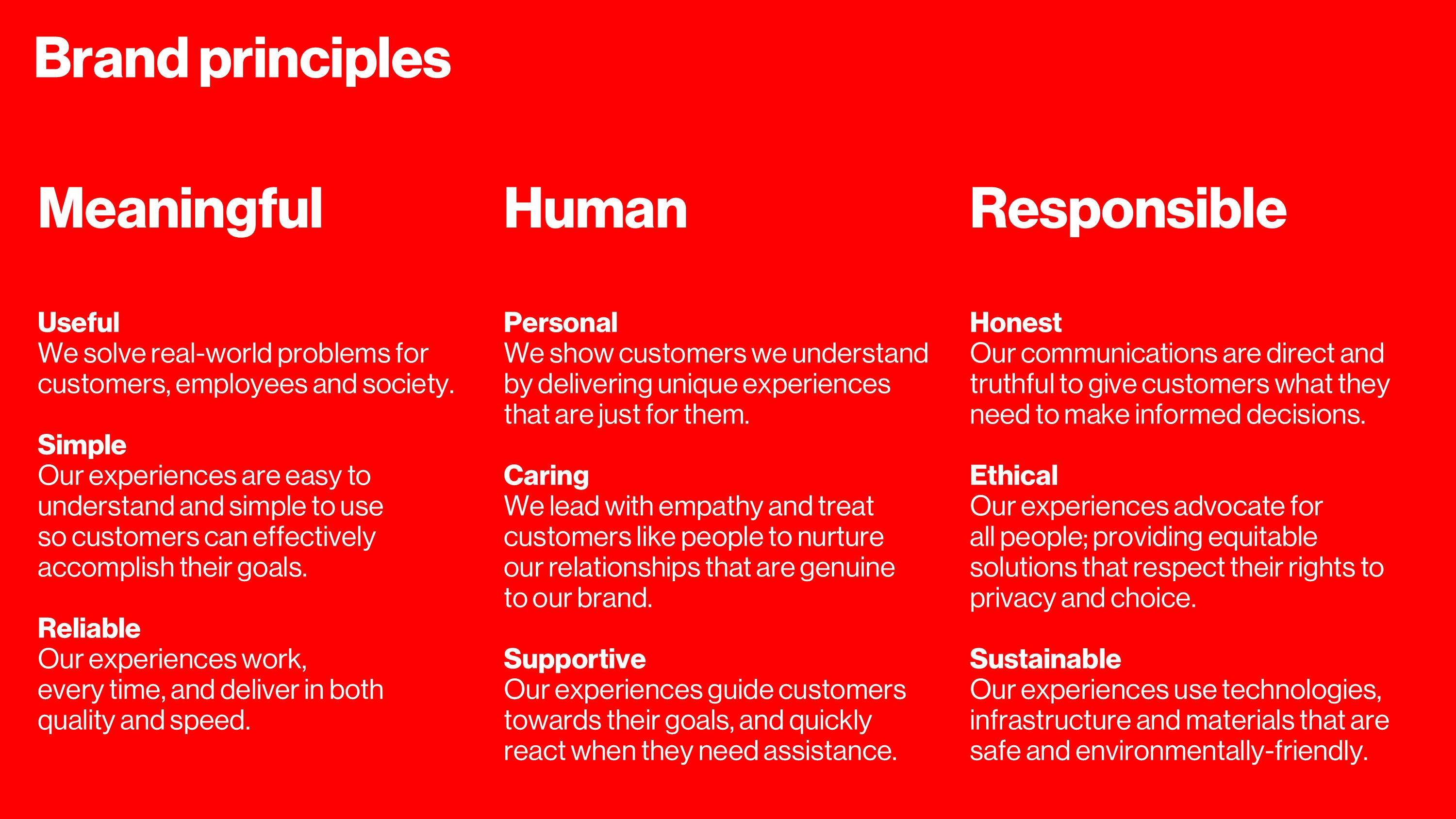 A digital slide showcasing Verizon's brand principles through three core categories—Meaningful, Human, and Responsible—each defined by specific attributes, presented with a bold red background and clean typography.