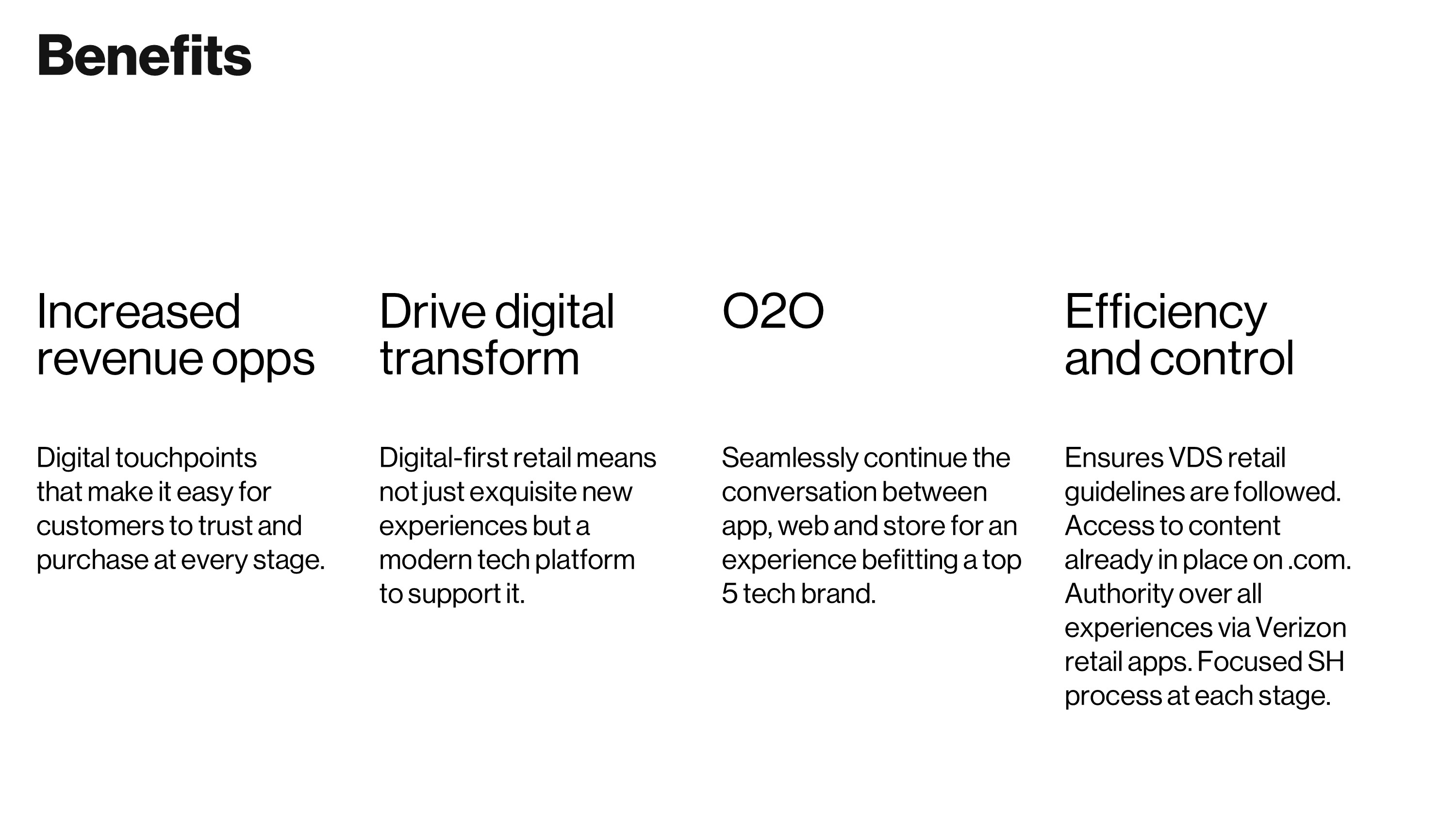 A presentation slide detailing Verizon's digital retail strategy benefits, including revenue growth, transformation, O2O continuity, and efficiency through digital touchpoints and platform support.