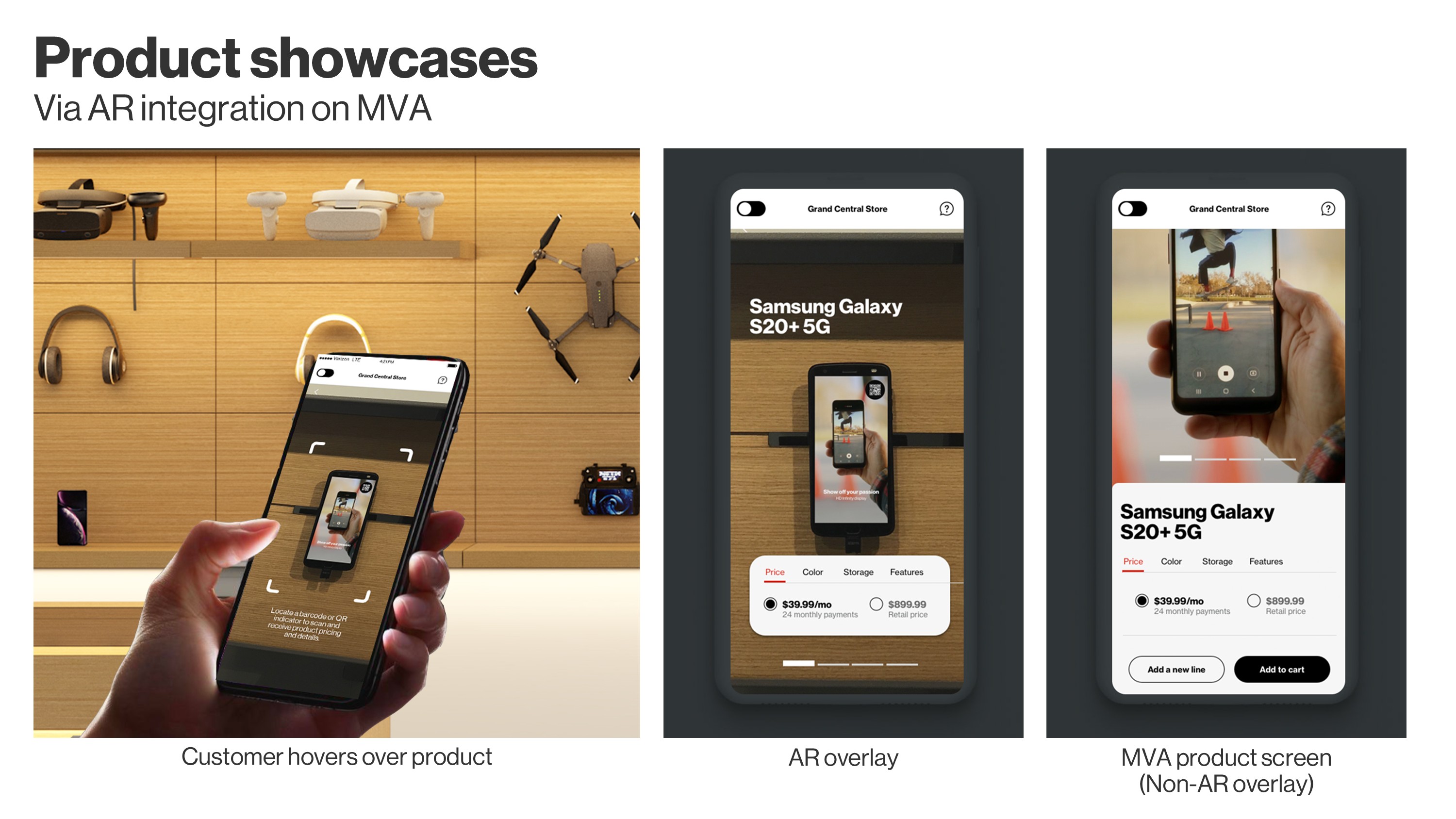 This design demonstrates an augmented reality retail experience where customers interact with physical products through a mobile app, progressing from product hover to AR overlay and final purchase screen.