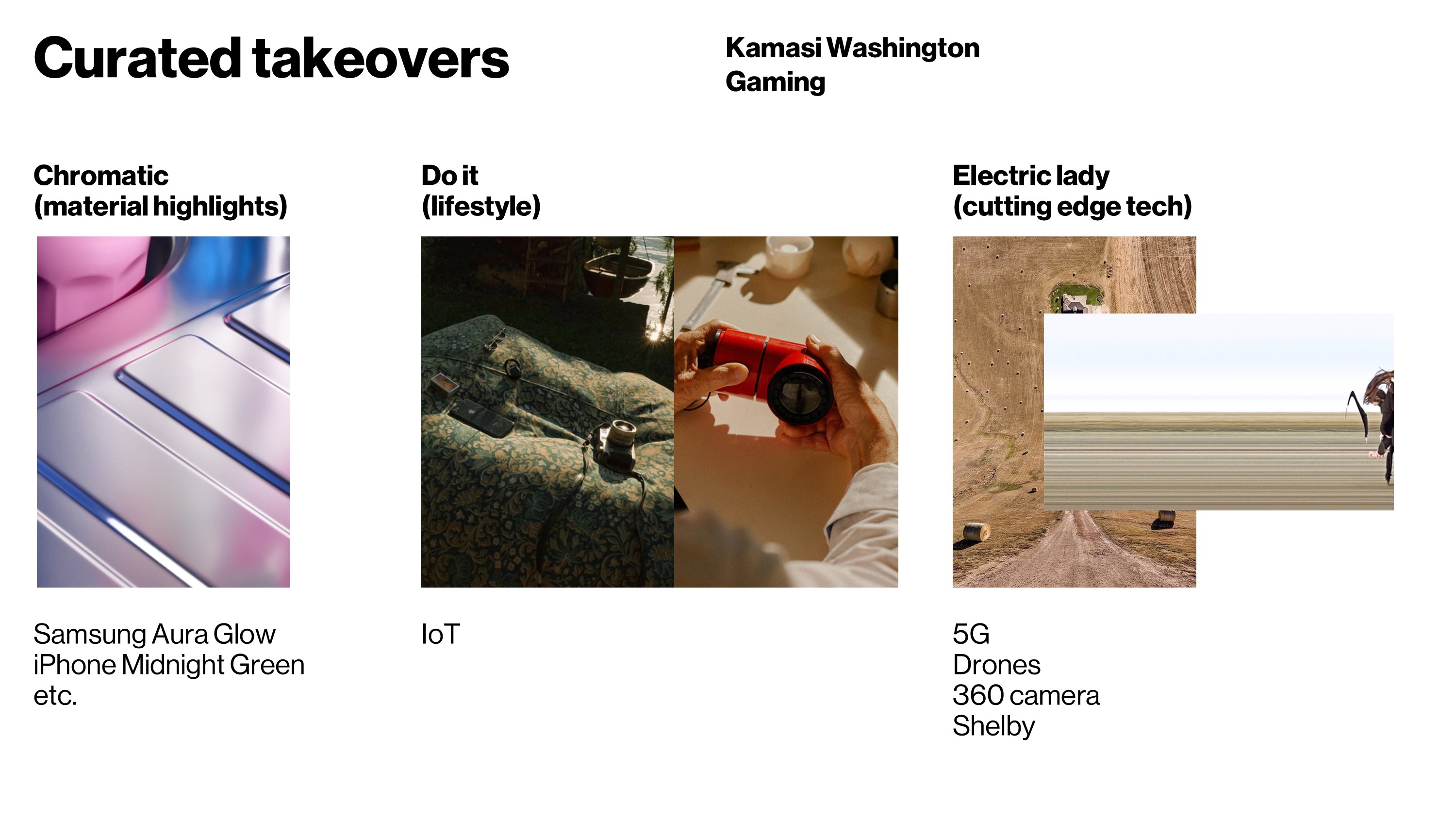 A visual concept slide presenting curated retail segments (material highlights, lifestyle, cutting-edge tech) for Verizon, featuring brand partnerships like Samsung and IoT, alongside tech themes such as 5G and drones.